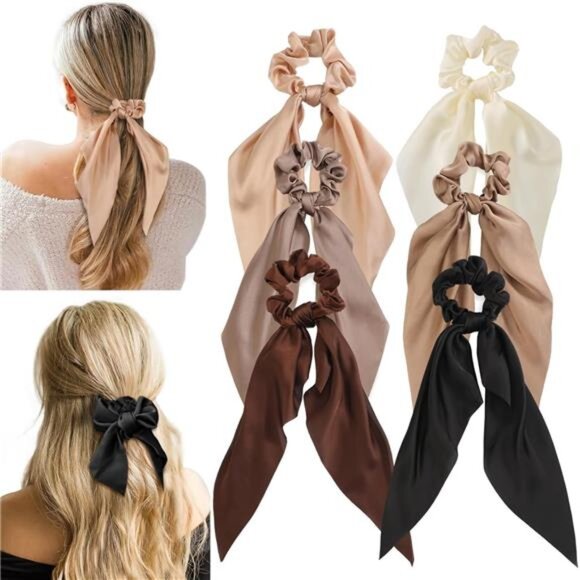 Bow hair scrunchies set silk satin hair ties knotted ribbon hair accessories - Picture 1 of 7